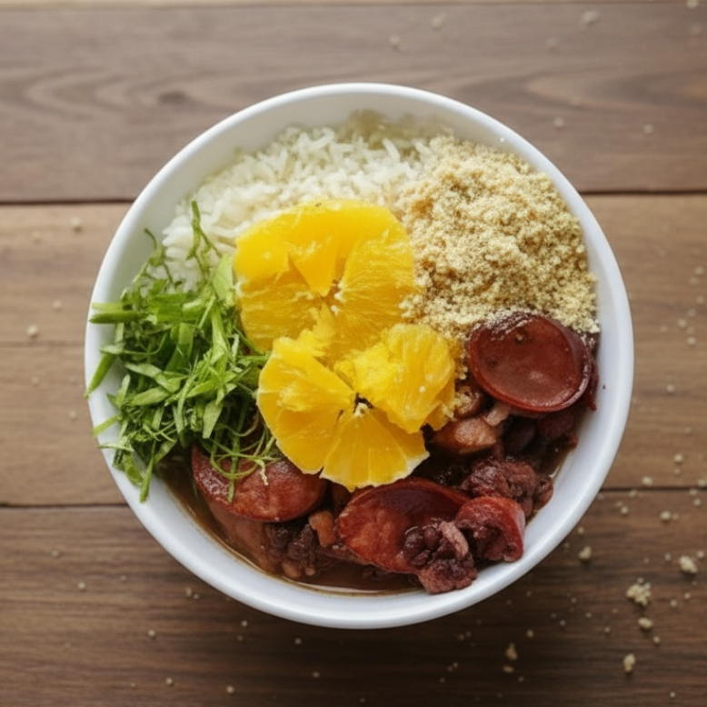 Arroz , feijoada Caprichada calabresa, bacon e costelinha , Farofa de cebola, Couve Refogada no alho e laranja !