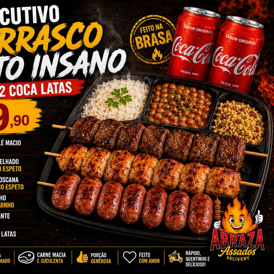 🍖🥤 **Executivo Brasa Suprema + Coca Lata** — **R$ 54,90**
Seu churrasco executivo levado a outro nível 😮🔥🔥
Escolha seu espeto favorito: carne, frango, linguiça, kafta ou queijo coalho, todos preparados na brasa com aquele sabor defumado irresistível 🤤
Acompanha arroz soltinho, feijão fresquinho, farofa crocante da casa e Coca-Cola lata super gelada 🥤✨
🚀 Uma combinação perfeita pra quem quer comer bem, com fartura e sabor de churrasco raiz!