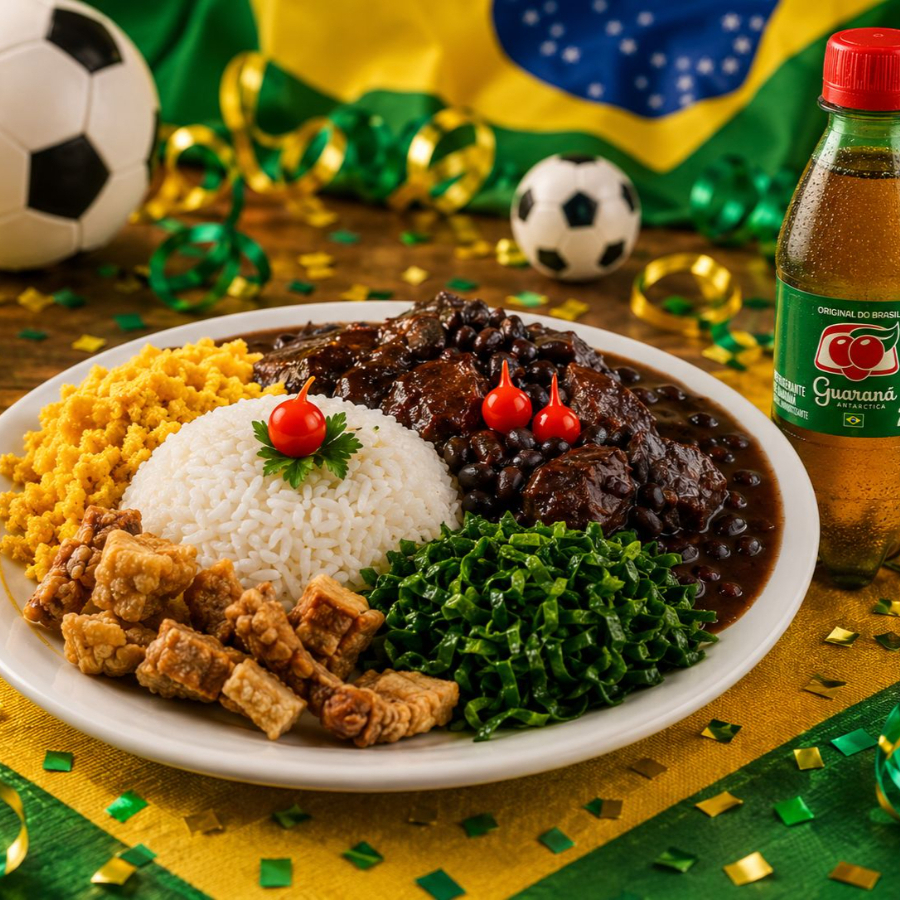 DELICIOSA FEIJOADA COM CARNES SELECIONADAS, ARROZ, FEIJÃO FRESQUINHO, COUVE, TORRESMOS E FAROFA + GUARANÁ 200ML GRÁTIS