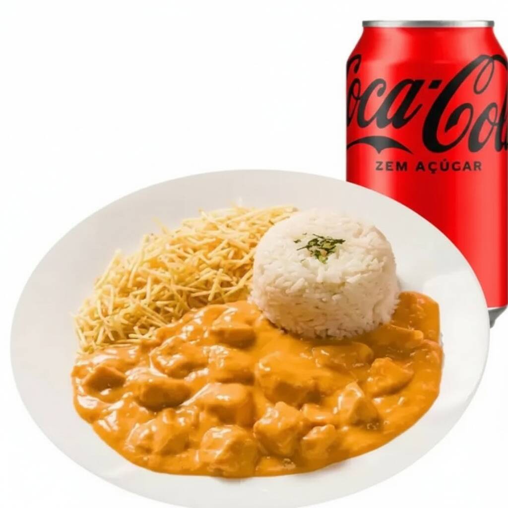 Marmita de strogonoff de frango com arroz e batata palha, acompanhada de um refrigerante lata de sua escolha.