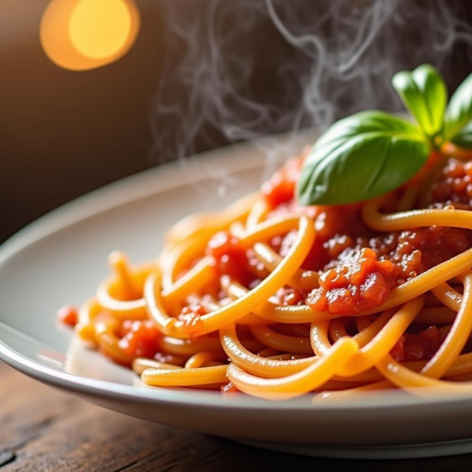 Saboreie nosso 'Spaghetti ao Pomodoro', uma verdadeira joia da culinária italiana, com seus 800ml de massa de sêmola com ovos, cuidadosamente preparada para criar um banquete de sabores. O prato é generosamente coberto com um molho autêntico, feito de tomates frescos, liberando a inconfundível fragrância de alho e cebola, formando uma base sólida e robusta. A pimenta calabresa dá o toque de calor necessário, enquanto o manjericão fresco infunde um aroma irresistível e adiciona um realce colorido vibrante. Este prato é uma celebração de sabores intensos e texturas perfeitas, resultando em uma obra-prima gastronômica.