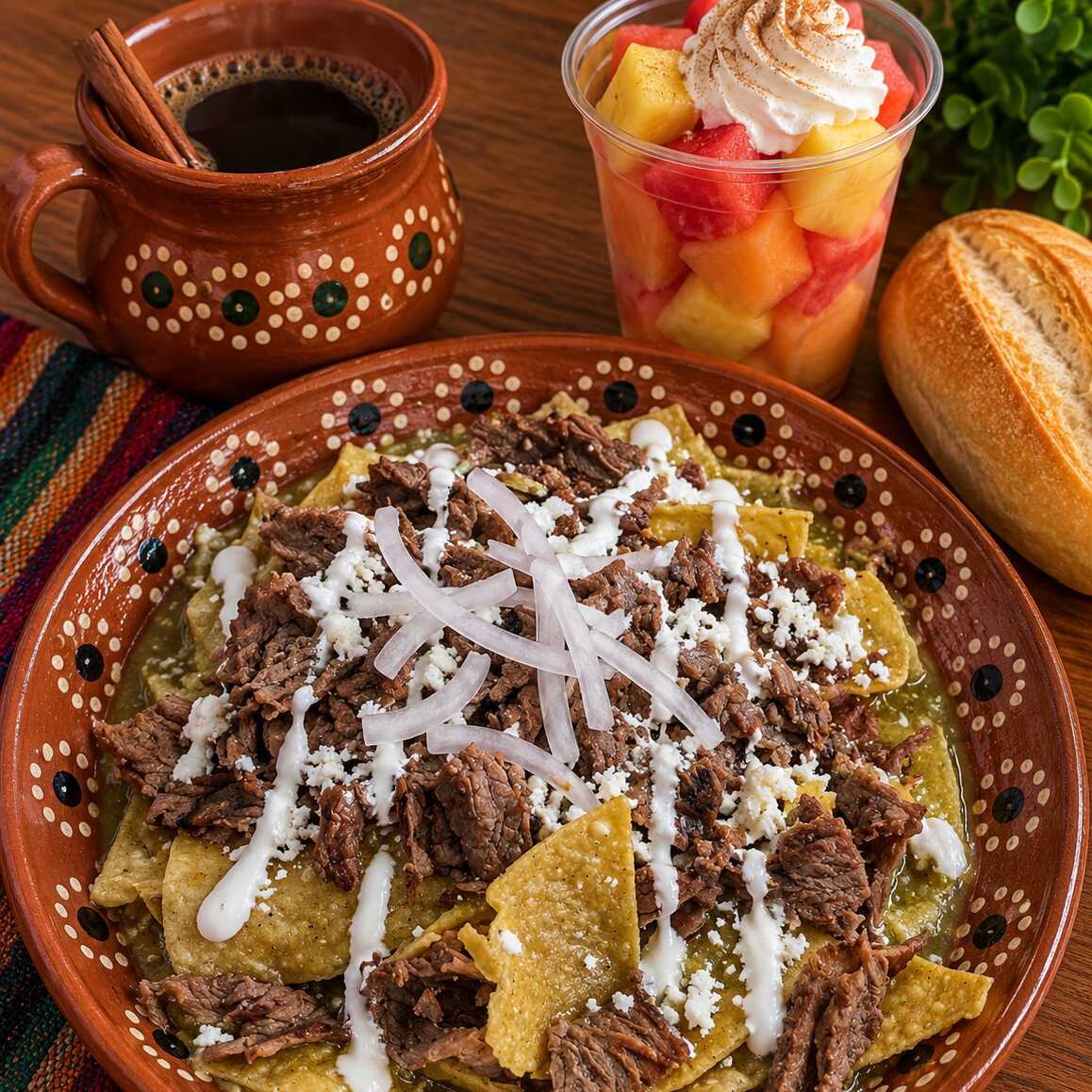 Chilaquiles con Bistec + Fruta + Café