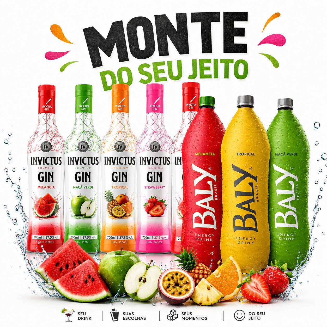 escolha até 5 gelos, 1 energético a sua escolha e uma garrafa 900 ml de gin do seu sabor favorito