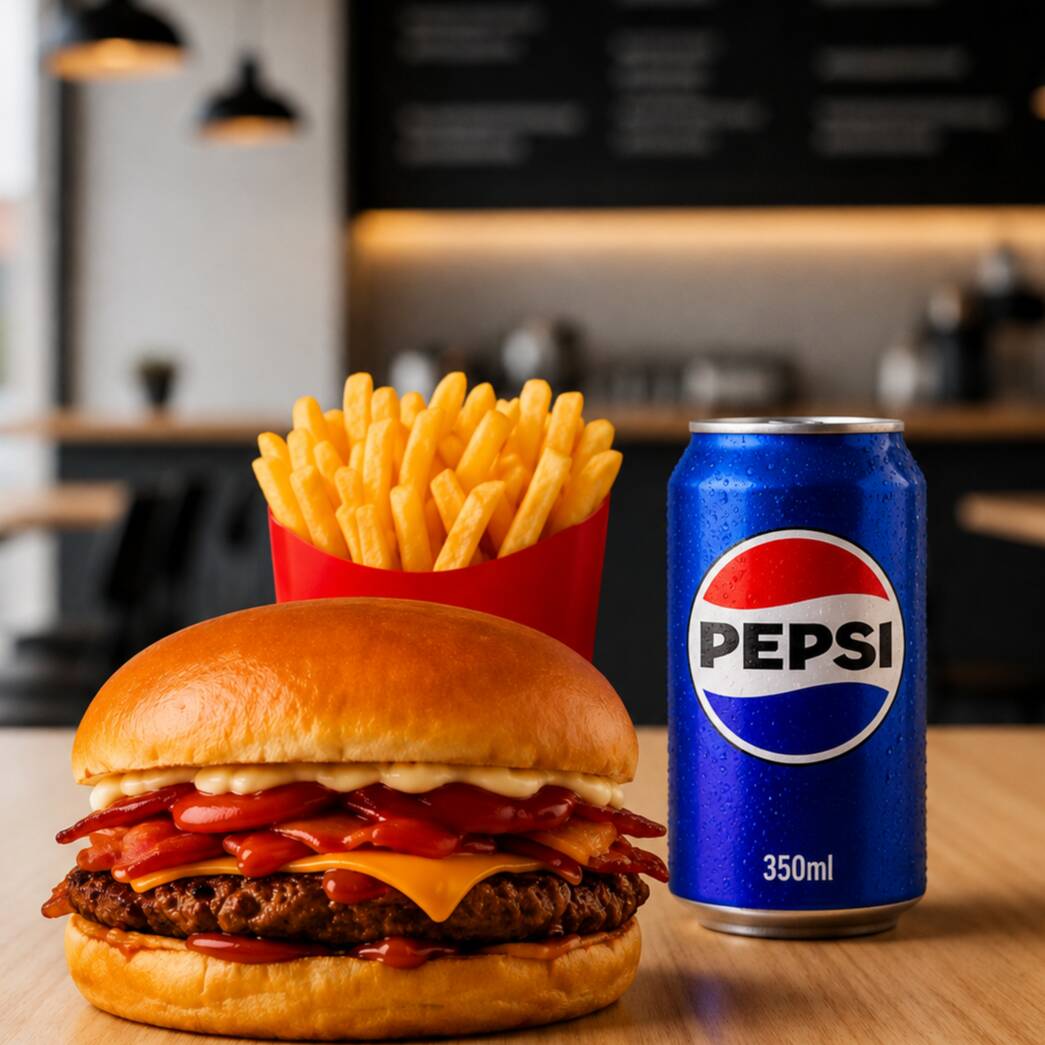 1 Lanche - Pão Gergelim, carne, bacon e maionese da casa + 1 batata cheddar e bacon + 1 Pepsi 350ml