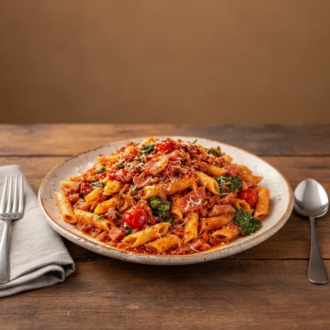 Macarrão ao molho bolonhesa caseiro, feito com tomates selecionados, finalizado com mussarela gratinada. Saboroso e bem suculento.