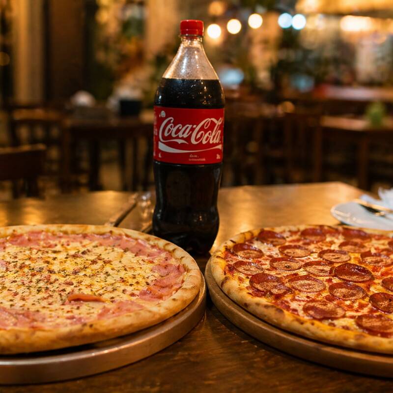 Duas pizzas gigantes com 8 fatias cada + 1 refri de 1,5l à sua escolha, preparadas com massa leve e recheio caprichado. Uma opção perfeita para dividir, variar sabores e deixar todo mundo satisfeito.