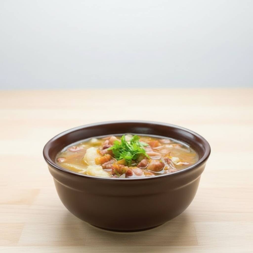 Feijão, tomate, bacon, batata, cheiro verde, tempero misto, legumes sortidos e carne, sal e salsinha (opcional)