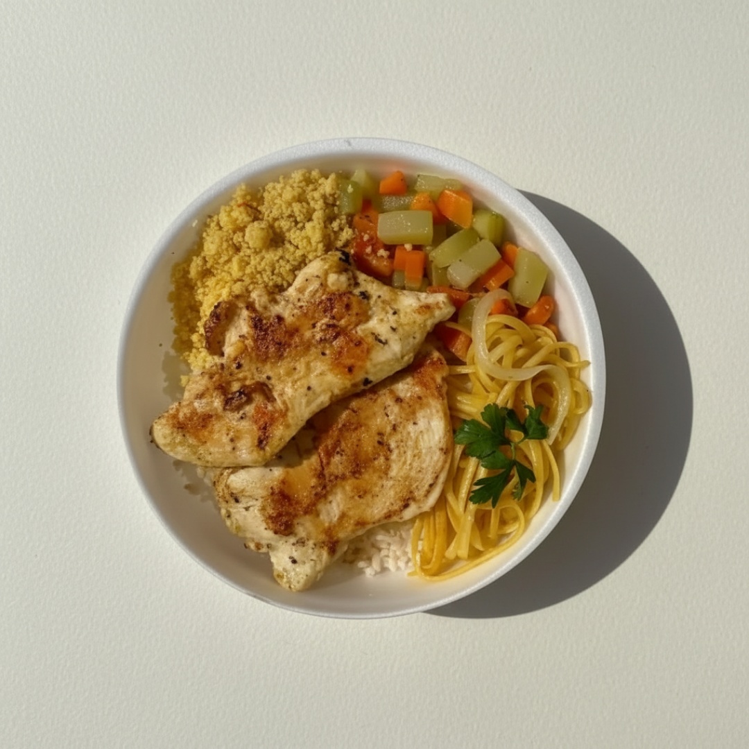 Acompanha: Arroz branco, feijão, massa alho e oleo, farofa, legumes e frango grelhado.