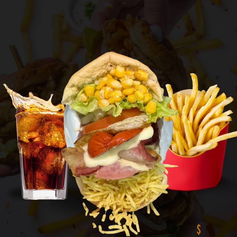 Acompanha x especial ( pão, hambúrguer, presunto, mussarela, salsicha, ovo, alface, tomate, abacaxi, milho e batata) + 100g de batata fritas + 1 coca lata