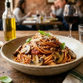 Pasta Con Salsa De Tomate Y Champiñones