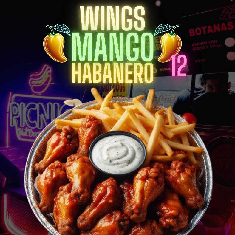 12 Mango Habanero Wings con papas fritas