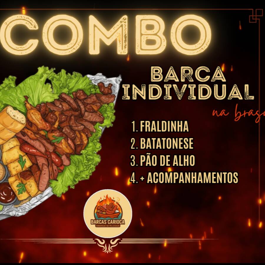 Perfeito para sua refeição. Barca feita com churrasco de fraldinha, arroz, batatonese, 1 pão de alho e farofa.