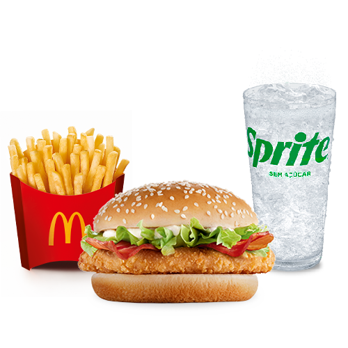 Frango empanado, maionese, bacon, alface americana e pão com gergelim, acompanhamento e bebida