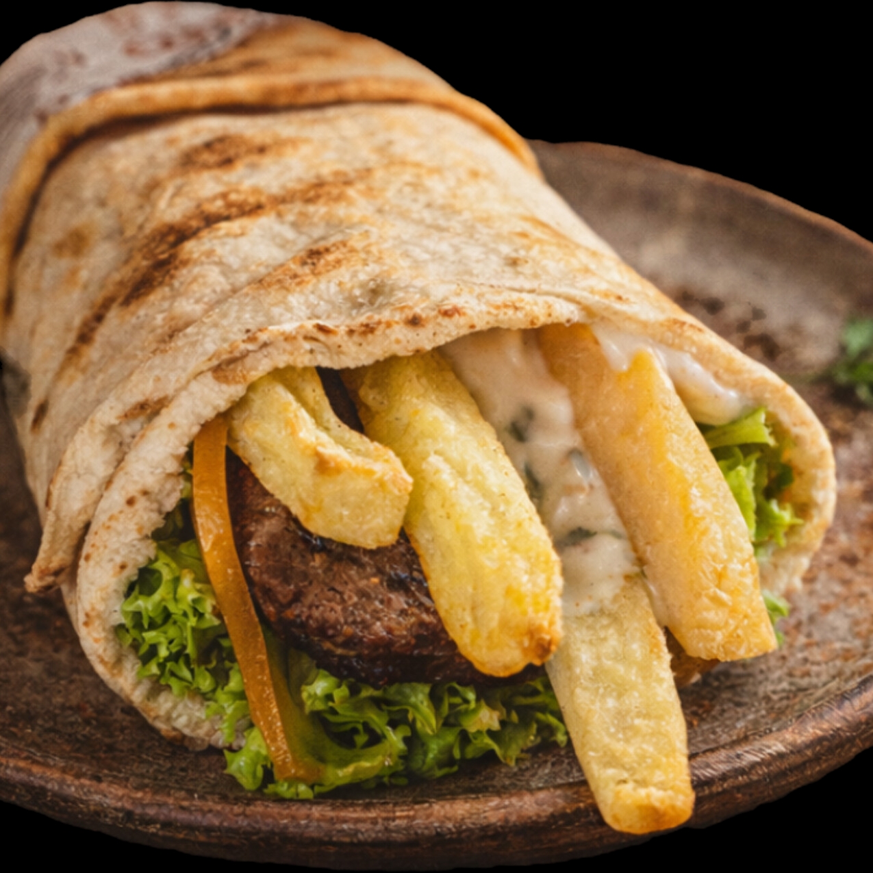 Pão Árabe Gourmet com Kafta Artesanal
Uma combinação perfeita de sabores! Pão árabe recheado com kafta artesanal suculenta, acompanhado de repolho fresco, pepino em conserva, tomate maduro, crocantes batatas fritas e finalizado com o inconfundível molho de tahine. Uma explosão de texturas e temperos em cada mordida
