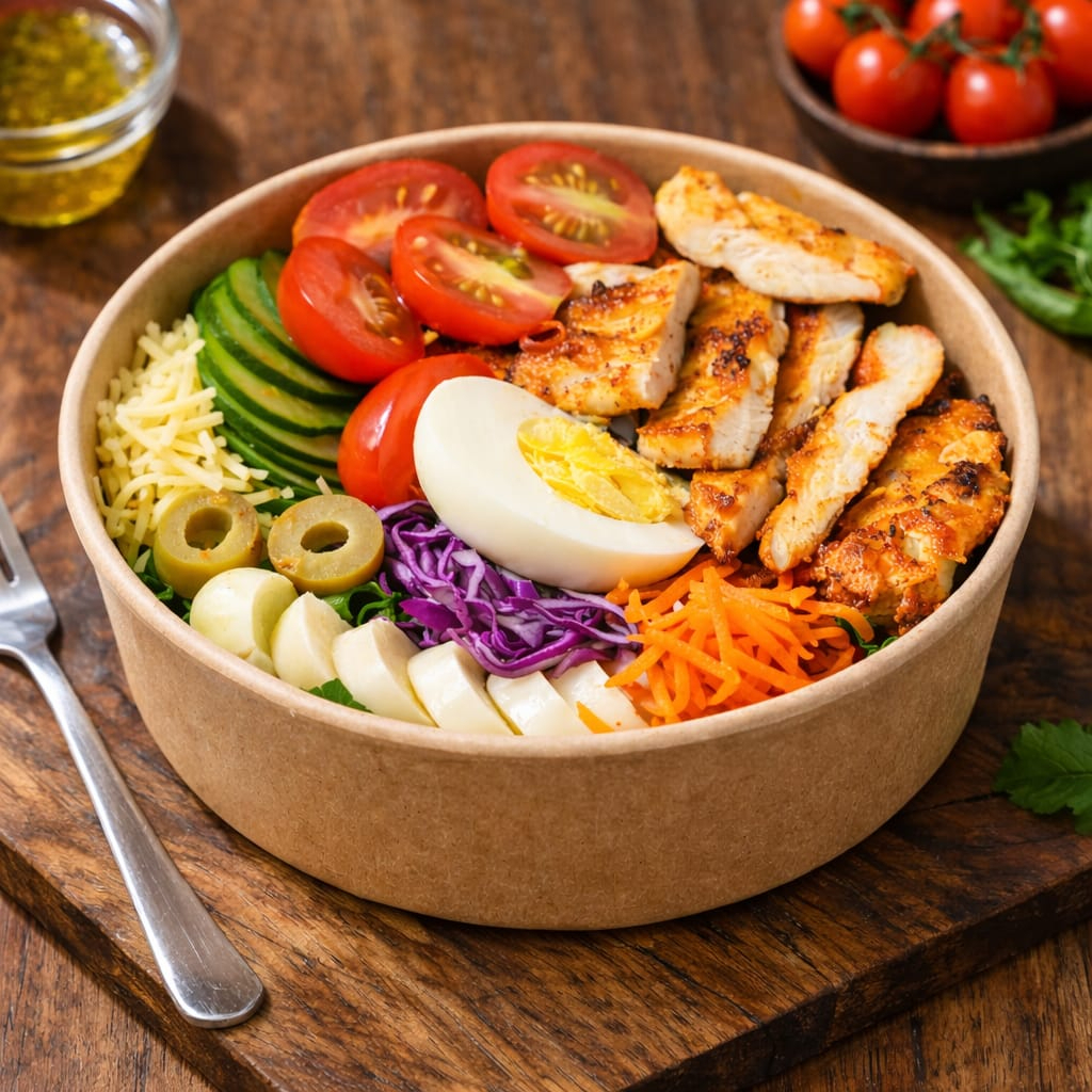 mix de folhas, filé de frango, parmesão, ovo cozido, cenoura e beterraba ralada, palmito, azeitona, pepino japonês e tomate cereja