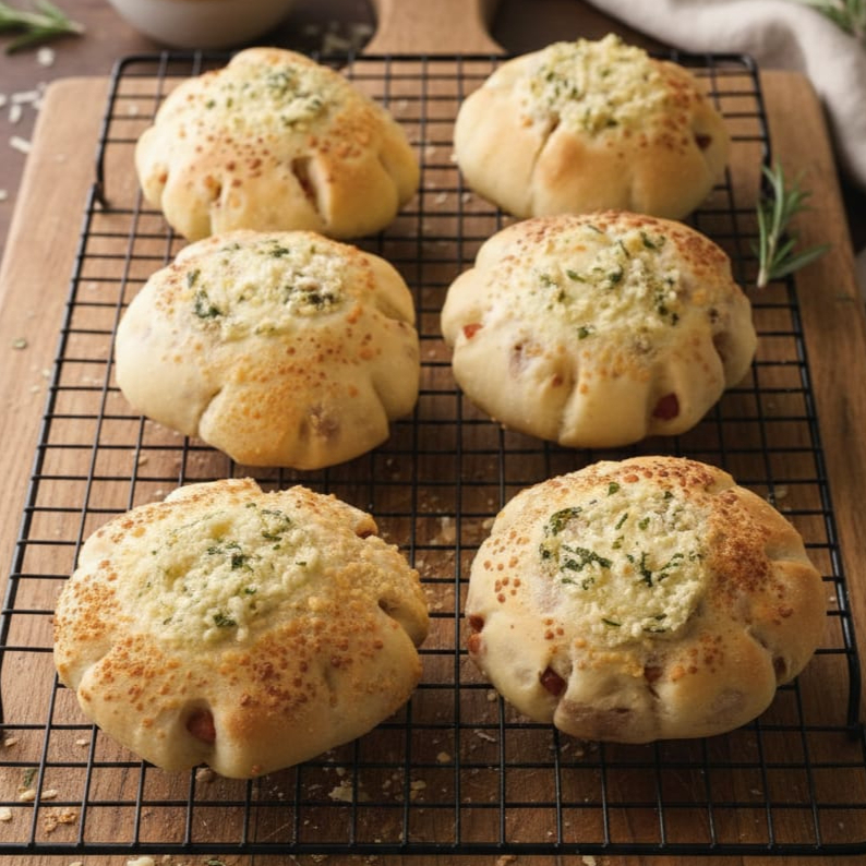 Uma unidade de pão 100% fermentação mista, massa leve e aerada com pedaços de bacon, cobertura dourada de parmesão com um topo de manteiga de alho. Aprox. 60g.