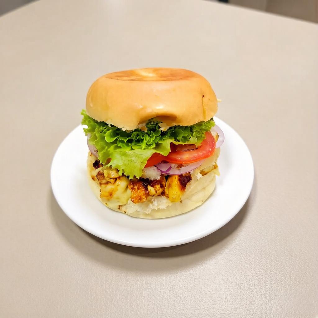 Pão de hamburguer, frango, queijo, alface, tomate, cebola roxa e maionese.