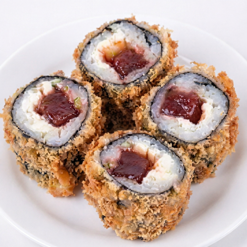 Sushi empanado e frito, recheado com goiabada e cream cheese.