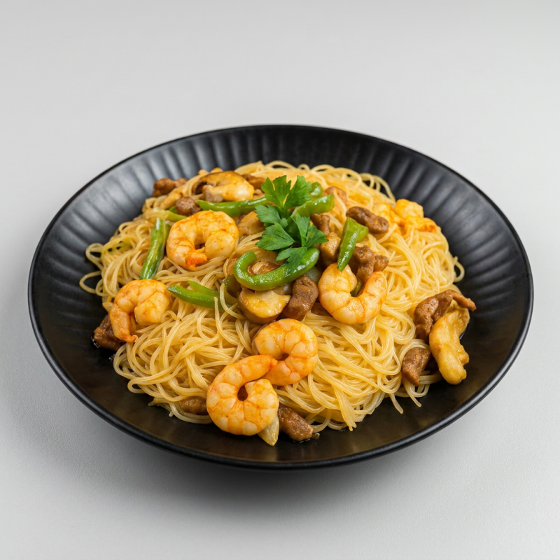 Nosso delicioso bifum com frango, carne, camarões e legumes salteados no molho oriental. Leve, saboroso e irresistível!