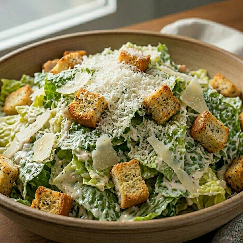 Porção individual. Aproximadamente 50g. Não contém proteína. Alface americana, queijo parmesão, croutons artesanais e molho caesar. Clássica, bem servida e equilibrada.