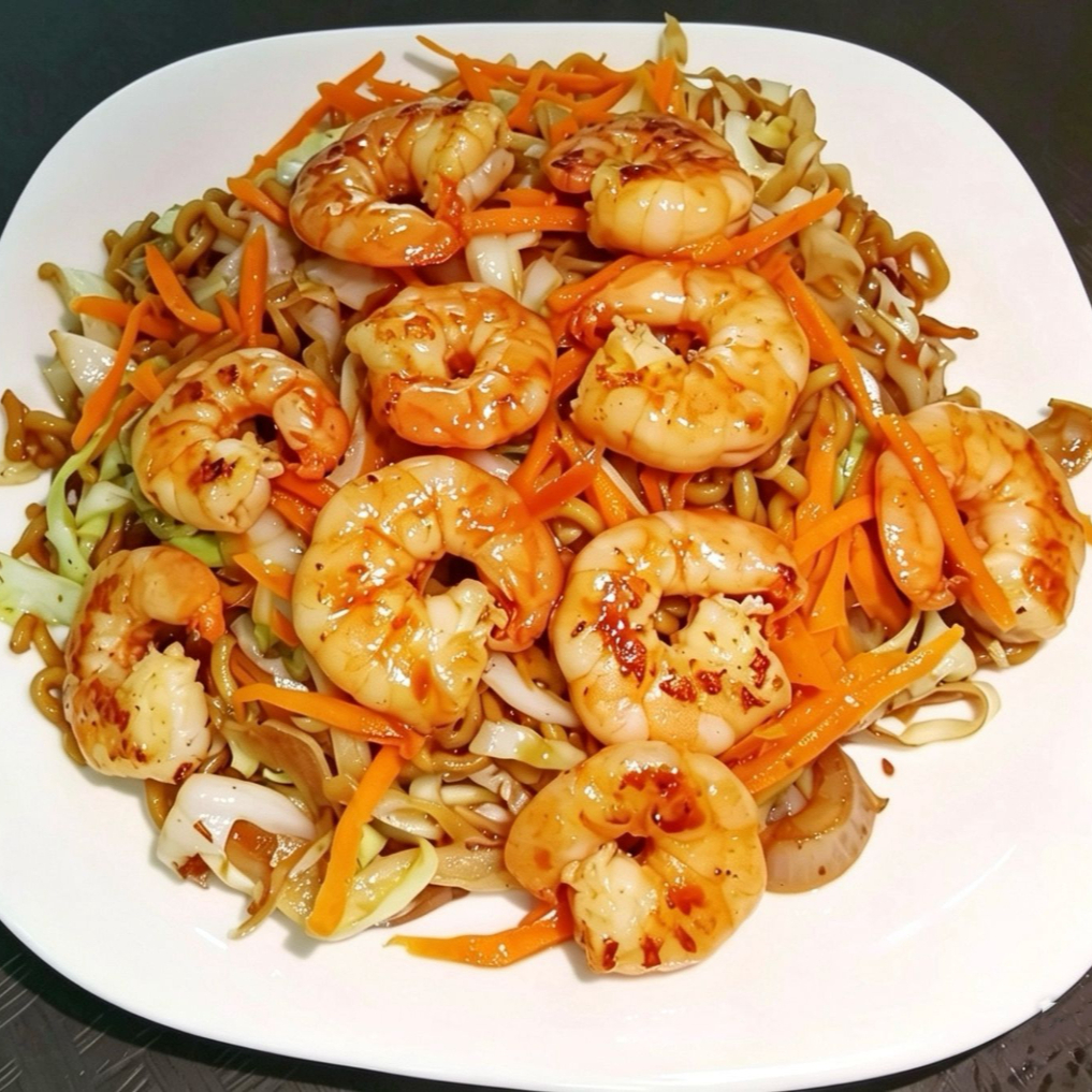 Macarrão, Camarão, Cebola, Repolho, Cenoura, Alho picado, Molho de soja