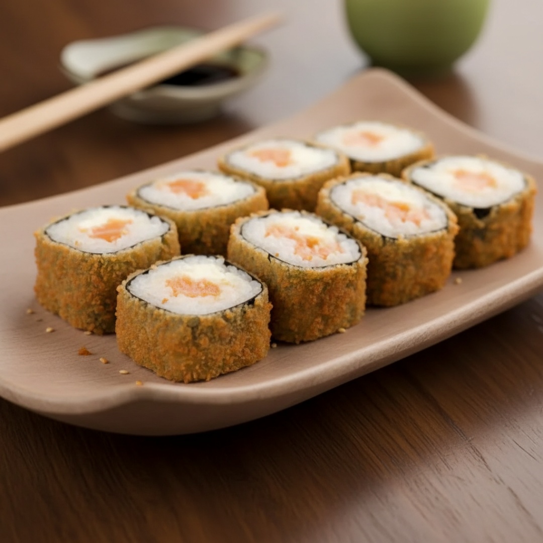 Sushi de raspas de Salmão Grelhado Empanado e frito com cream cheese e batata palha por cima ( 10 un )