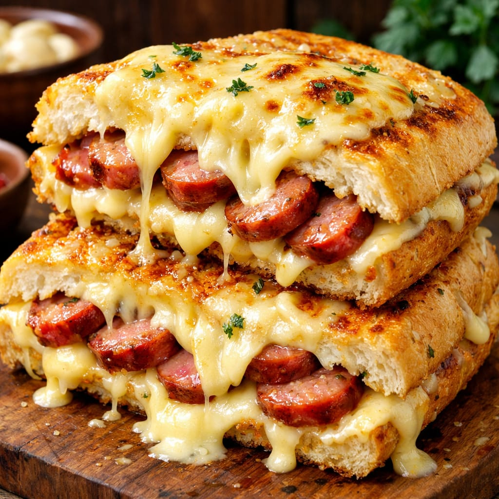 Pão francês, pasta de alho, linguiça suína de churrasco fatiada, queijo derretido por dentro e por cima
