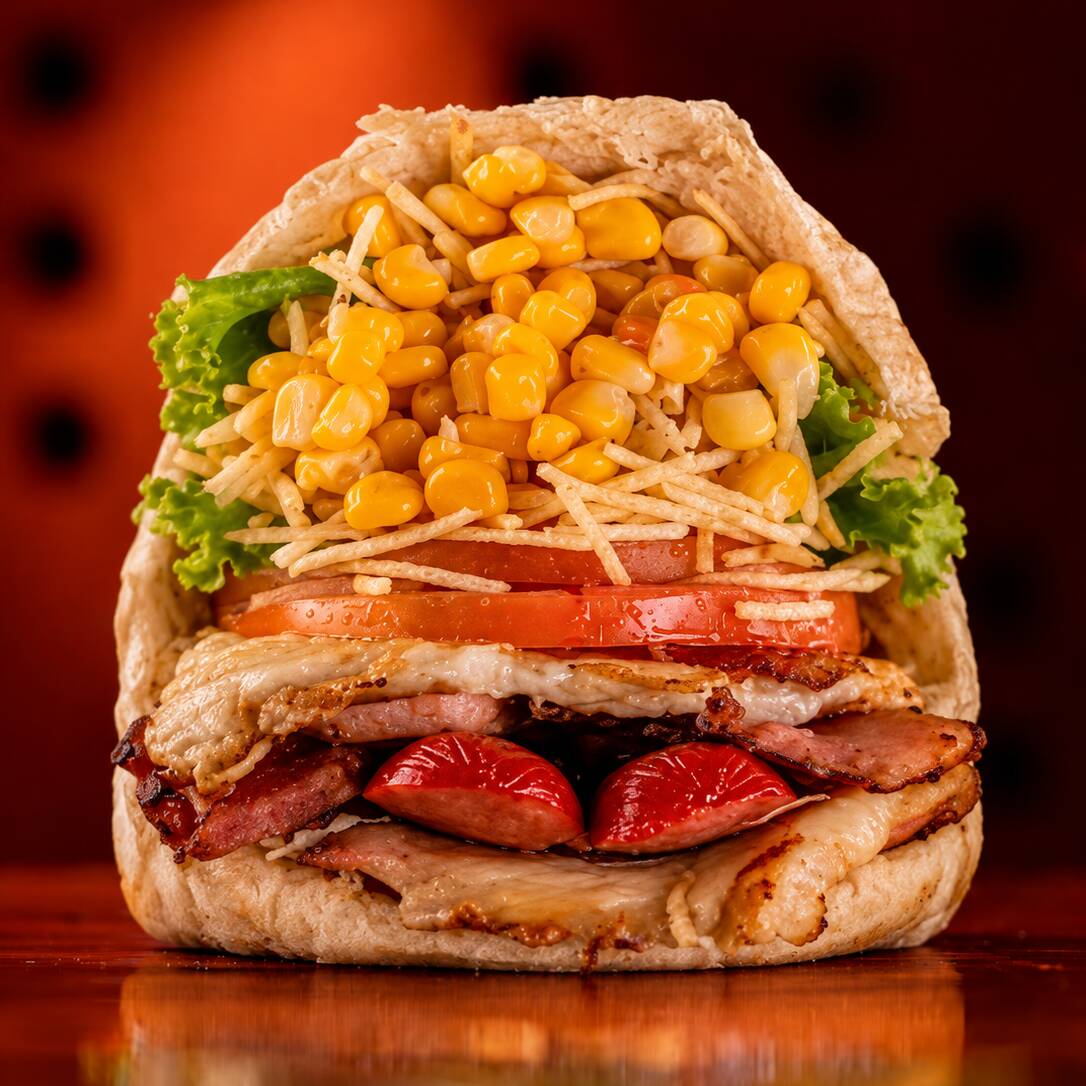 Pão ao leite com filé de frango grelhado, queijo, presunto, bacon crocante, ovo, tomate, alface, milho e batata palha. Um lanche generoso e cheio de sabor.