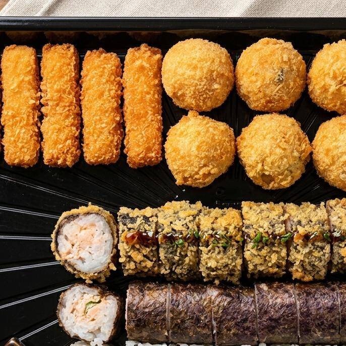 5 Iscas de salmao
5 bolinhas de salmao
10 hot Roll
5 uramaki skin
5 hossomaki skin