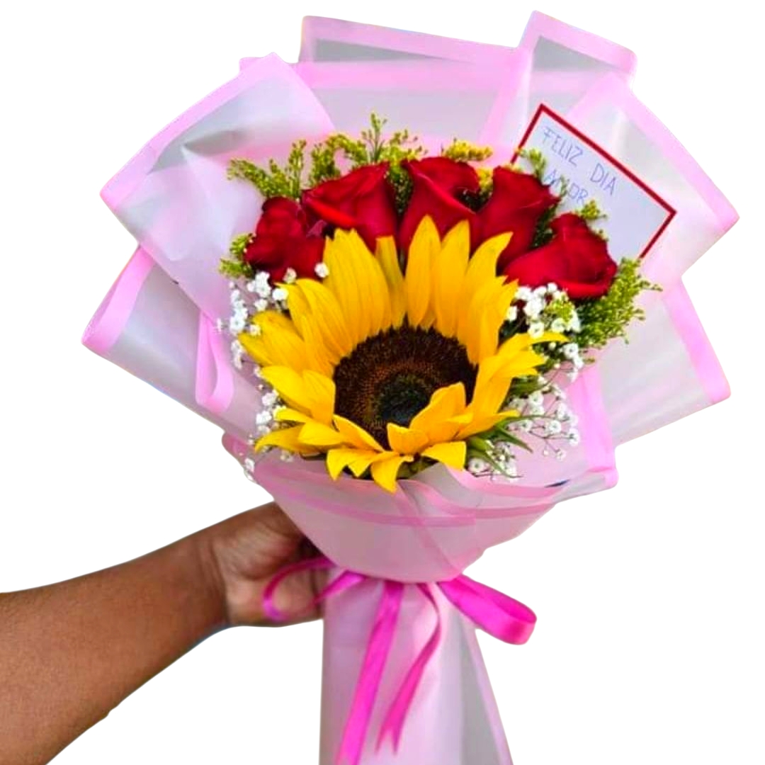 RAMO DE 1 GIRASOL , 5 ROSAS ROJAS