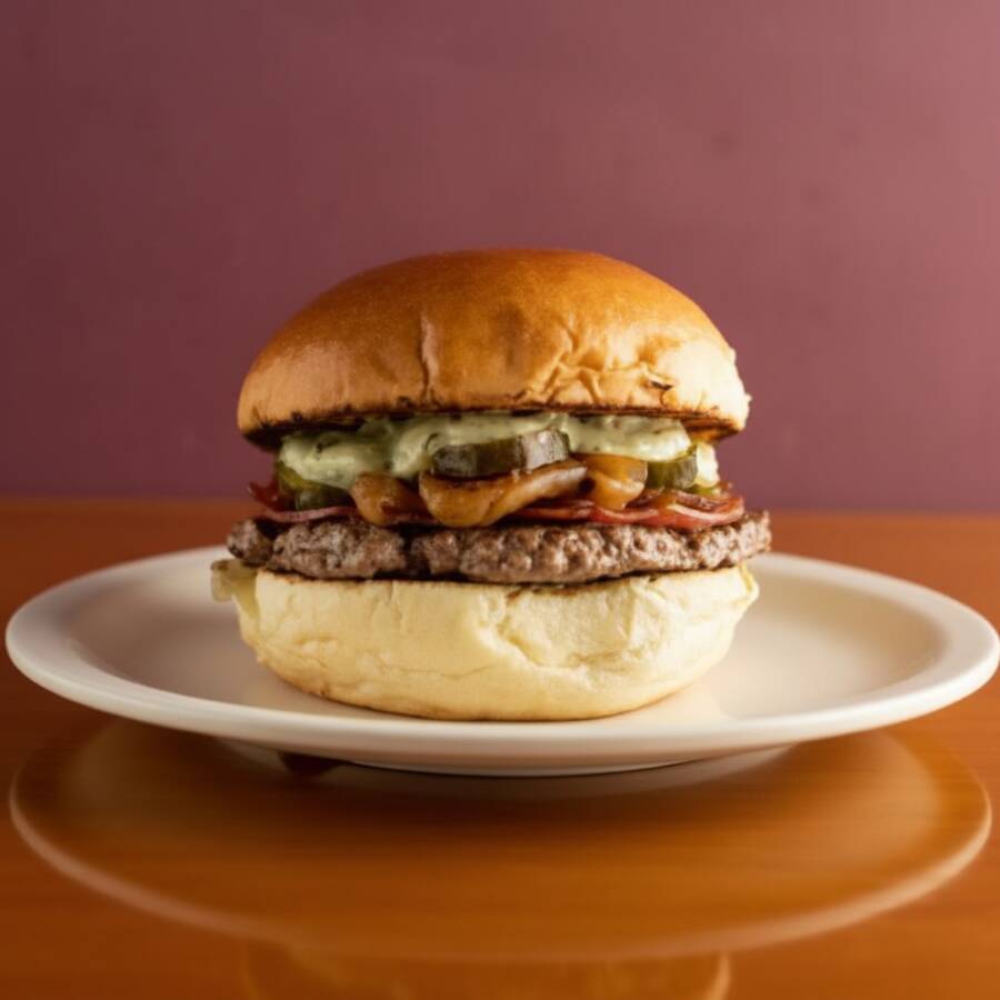 Burger, vursht (salame bovino tradicional judaico), cebola caramelizada, picles de pepino e maionese Pinati.