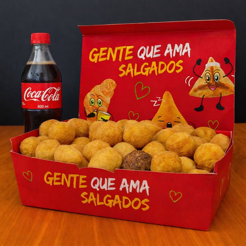 Contém 40 Salgadinhos Crocantes + Refri (600ml). Salgados fritos na hora em óleo de algodão e entregues quentinhos, com o padrão de qualidade Lari Salgados. Perfeitos para matar sua fome!