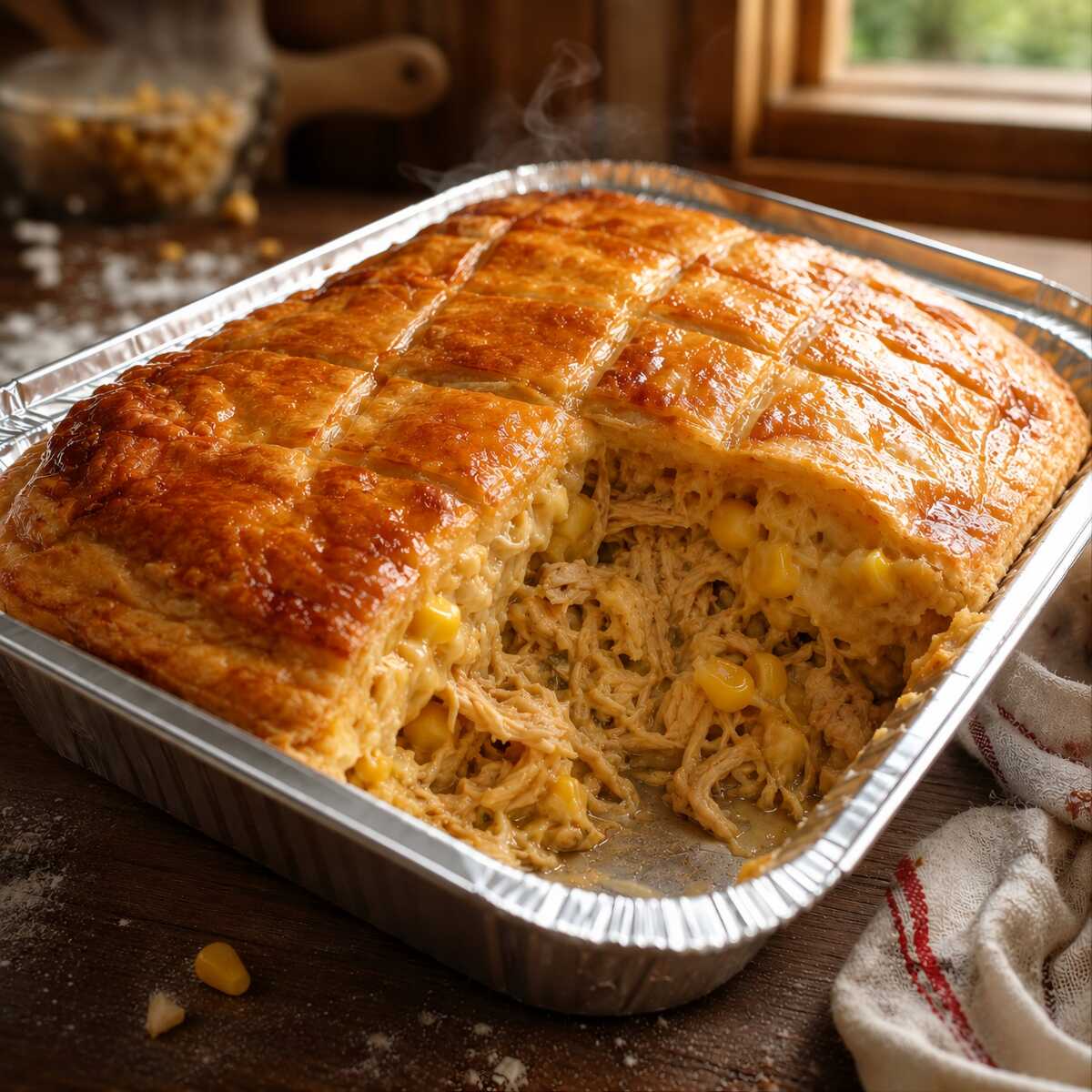 500g. Com massa dourada e crocante, recheio super suculento com milho e azeitona, feito com ingredientes fresquinhos e aquele sabor caseiro que abraça cada pedaço. Tamanho grande, perfeito pra compartilhar. Lanche salgado de empadão artesanal de frango caseiro de massa crocante e brasileiro. O cheirinho tá tão bom que o motoboy pediu um igual pra ele! Melhor pedir logo Serve 3 pessoas