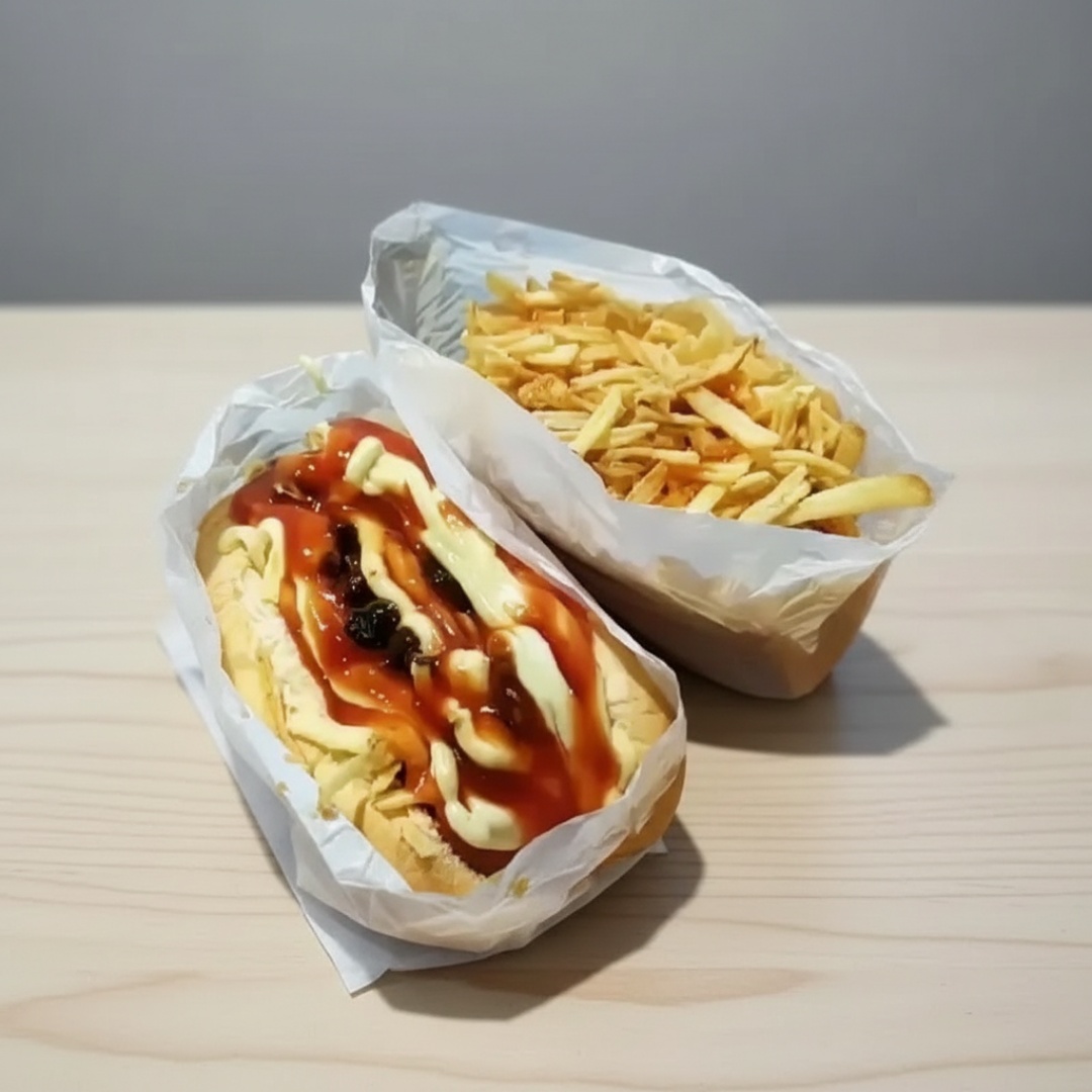 Pão, salsicha, queijo, milho, ervilha, batata, passas, tomate, maionese, ketchup, maionese temperada .