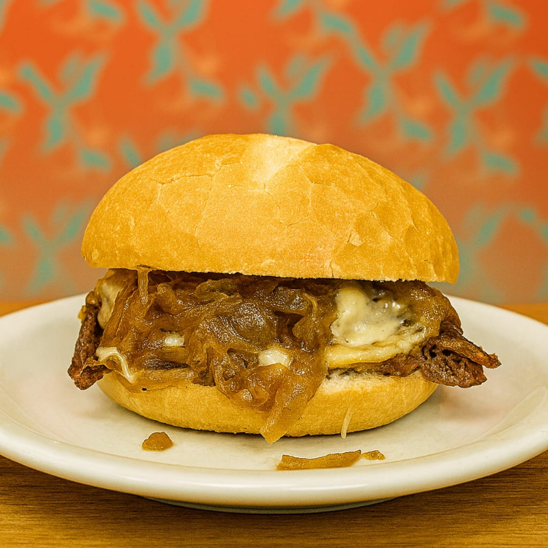Pão artesanal com casquinha crocante recheado com fraldinha desfiada, cebola caramelizada e queijo mussarela.