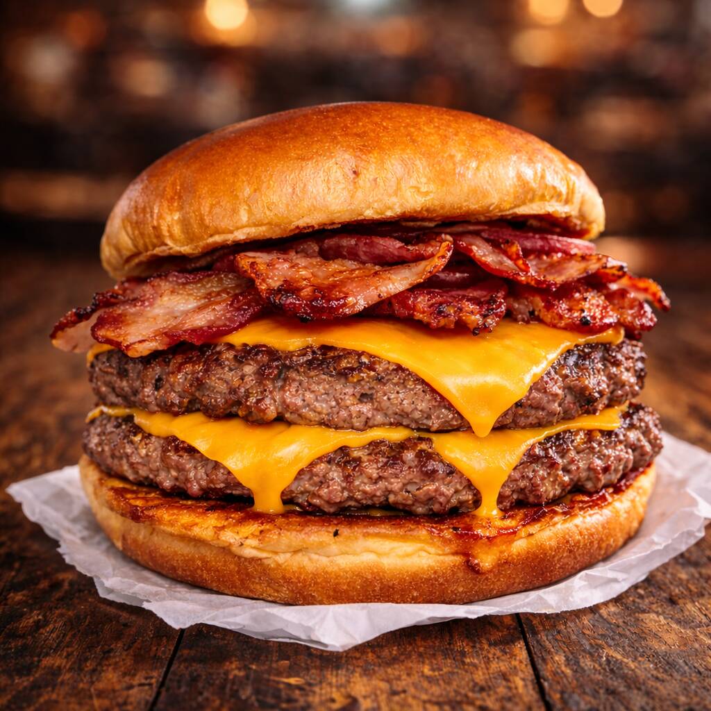 Pão brioche, 2 burguer 160g caseiro, 2 cheddar, bacon molho da casa na base e topo.