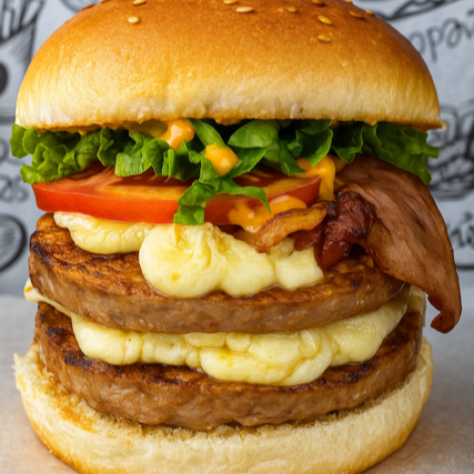 PÃO, 2 BURGER'S, DUPLO CATUPIRY, FATIAS DE BACON, ALFACE, TOMATE E MOLHO