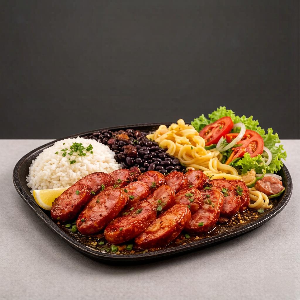 Acompanha Macarrão, Arroz, Purê, Farofa, Vinagrete e Feijão .