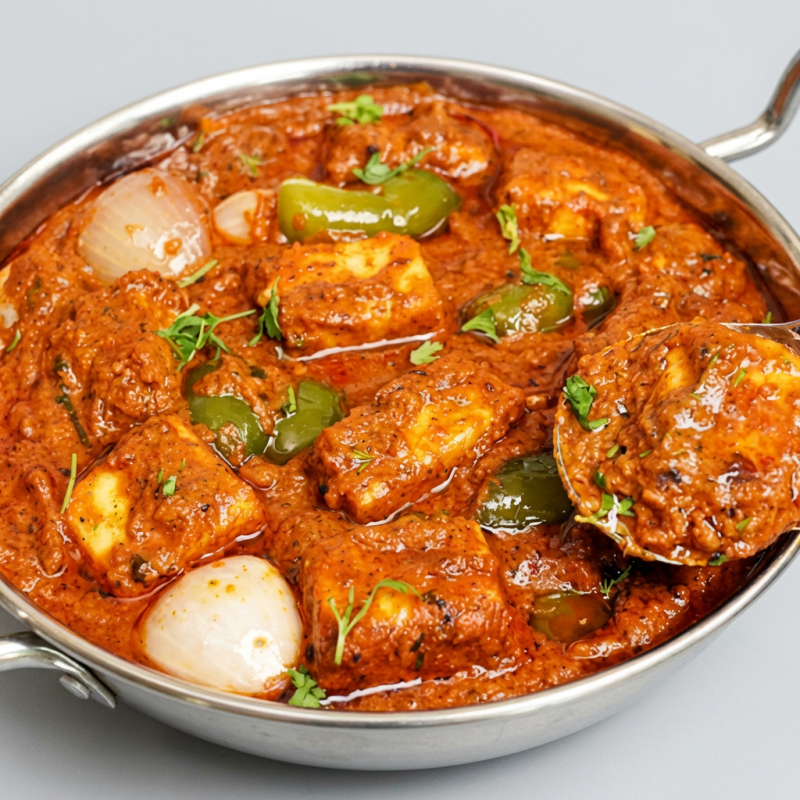 Cubos de ricota, pimentões e cebolas assados no Tandoor (forno indiano a carvão) e cozidos no molho espesso feito de tomates frescos e especiarias indianas.