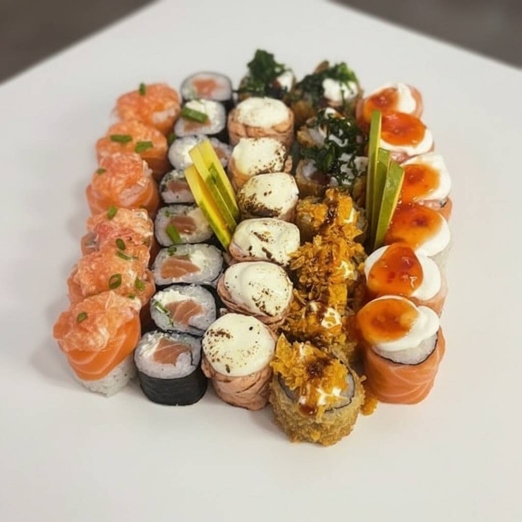 6 Joe filadelfia, 6 Joe maçaricado 6 Joe com geleia sweet sauce 8 maki filadelfia 4 hot com couve 4 hot com Doritos