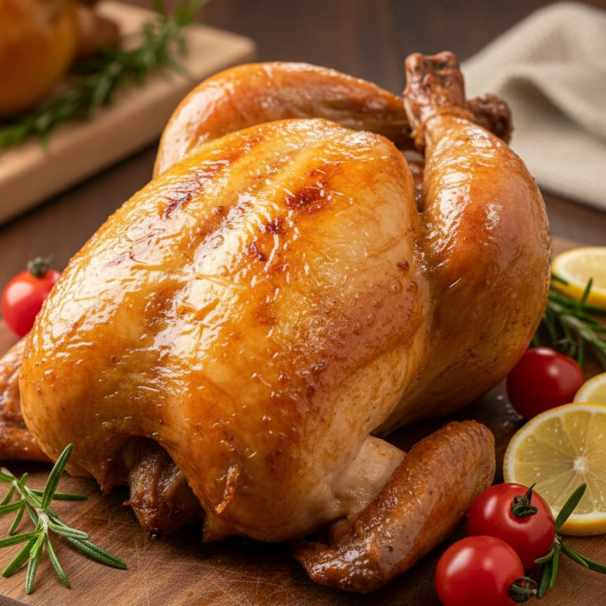 Frango recheado com farofa de bacon e calabresa.