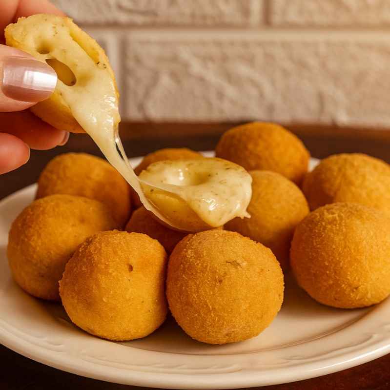 Bolinhas de queijo crocantes e irresistíveis! Recheadas com muito queijo derretido e servidas bem quentinhas. Contém 12 unidades.