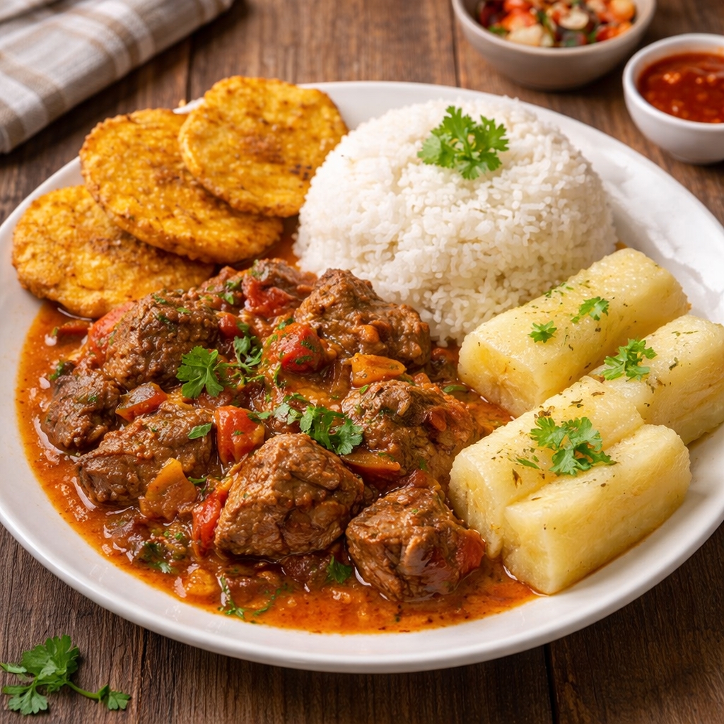 Carnero guisado arroz patacón y yuca