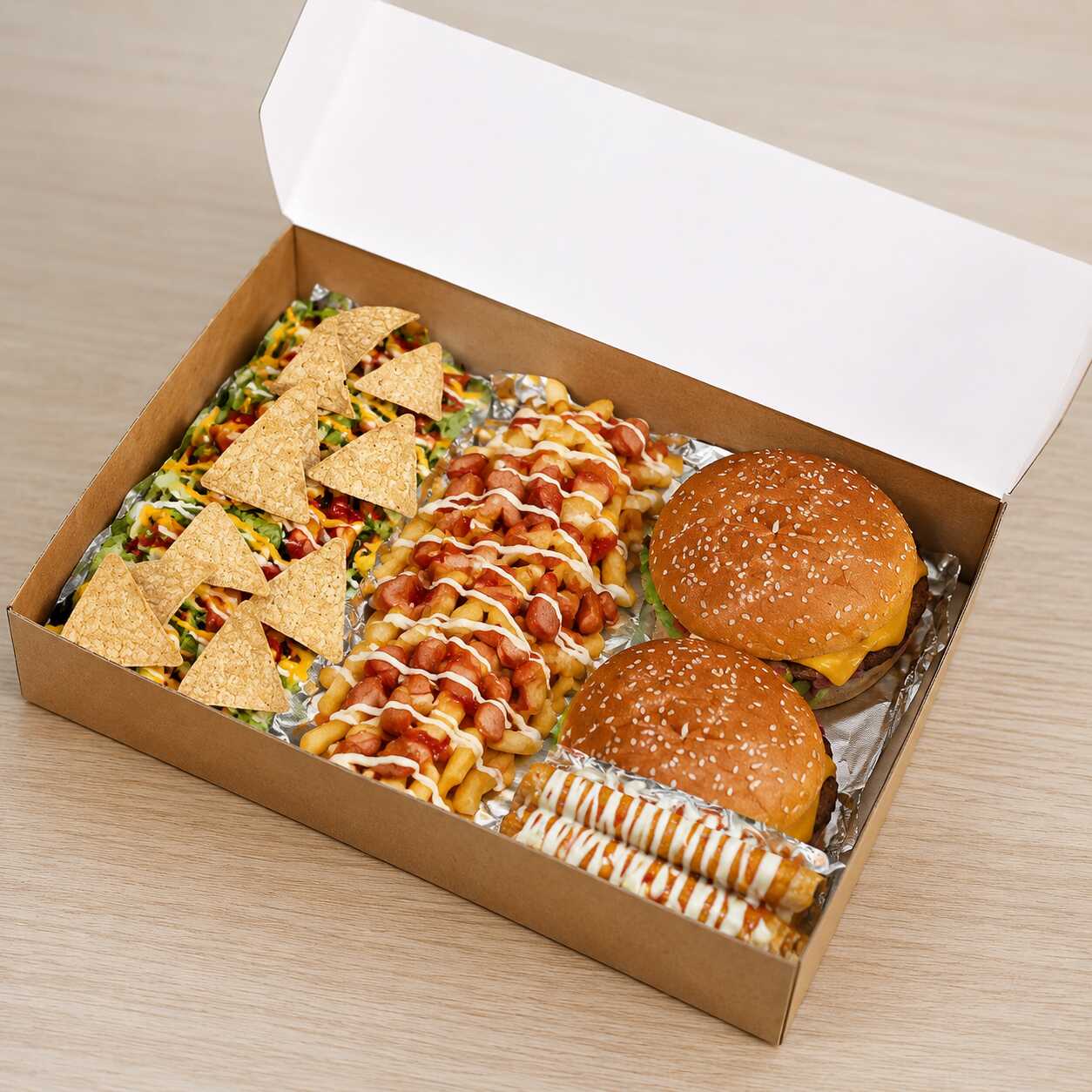 Surtido Box de Burger, Tacos, Nachos y Salchipapas