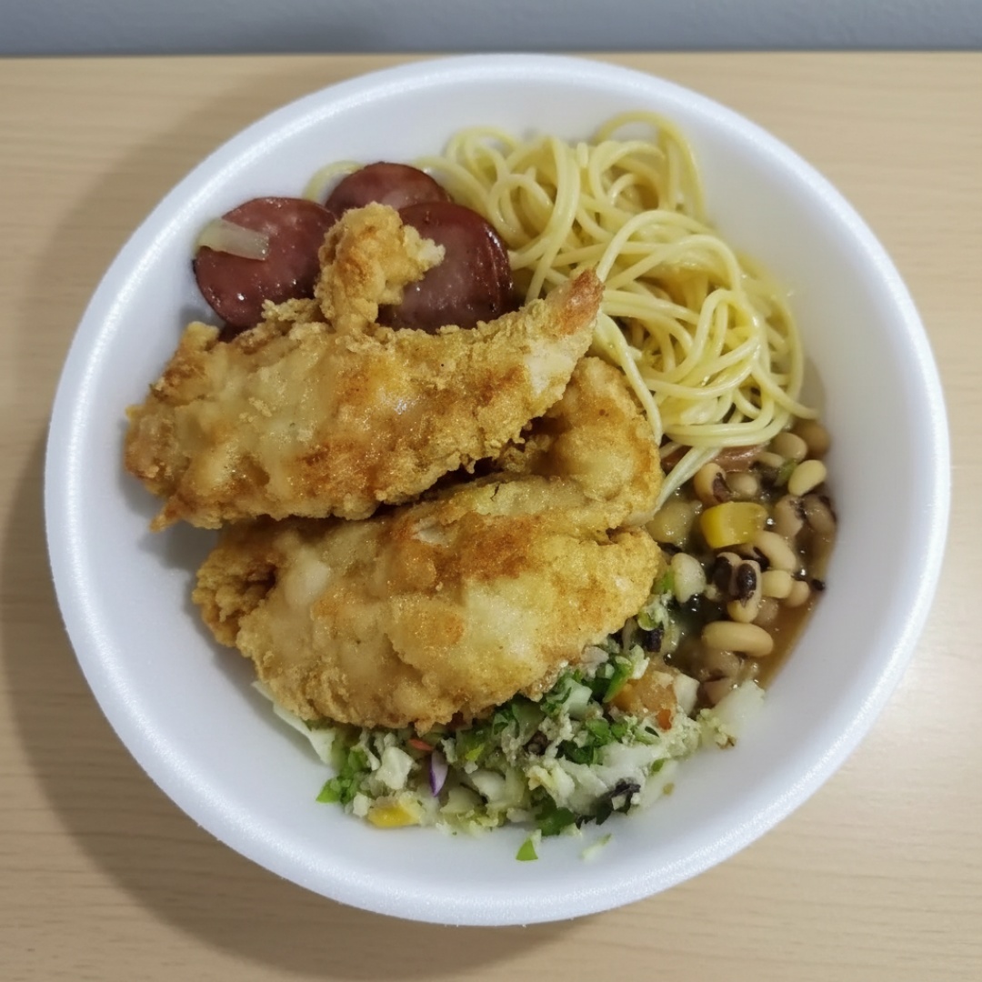 Arroz, macarrão, feijão, salada e farofa.
