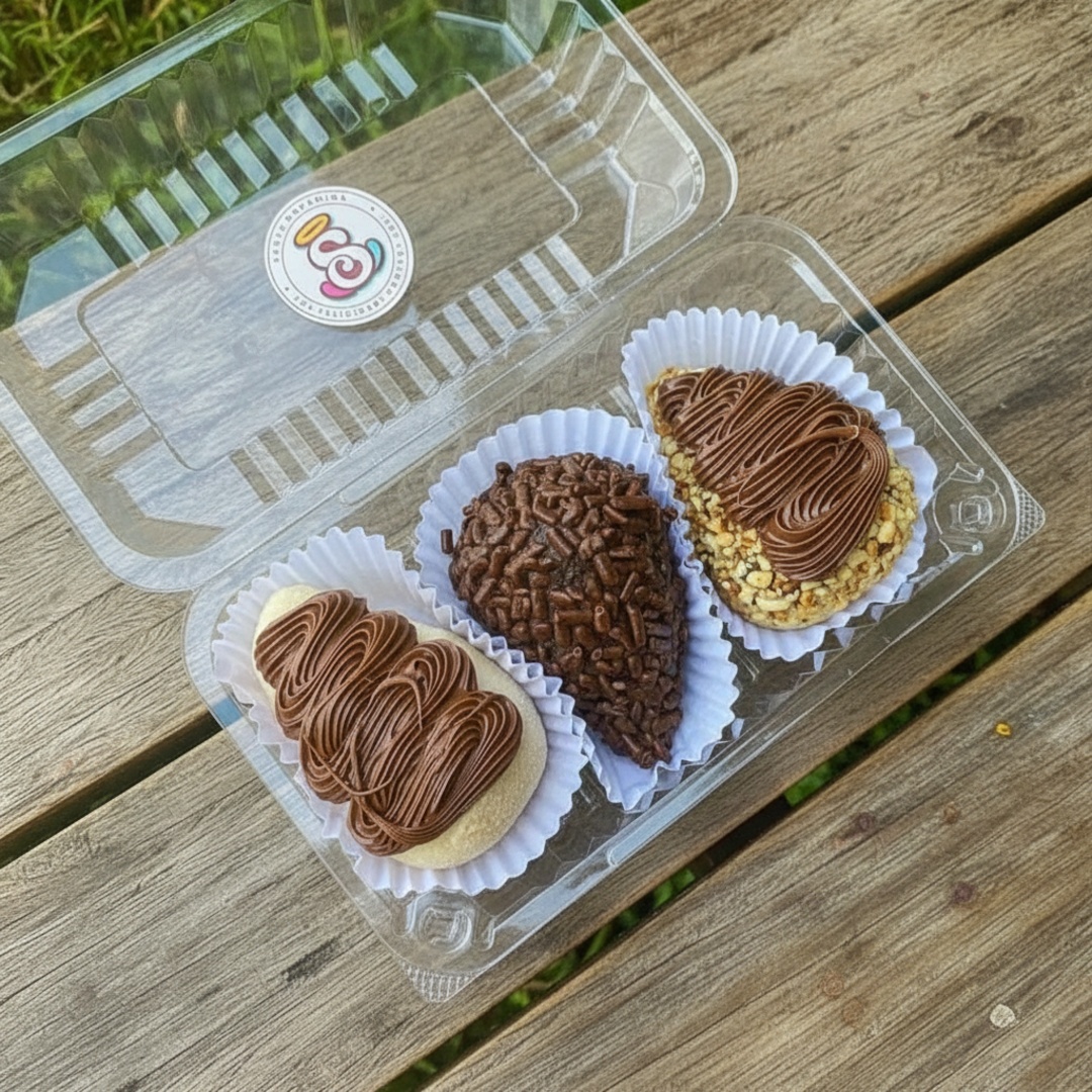 Um combo irresistível com 3 coxinhas doces da Santa Dopamina: coxinha de brigadeiro com morango, coxinha Ferrero com morango e amendoim crocante, e coxinha de Ninho com morango finalizada com Nutella. Perfeito para provar nossos sabores mais amados em uma explosão de chocolate, cremosidade e pura dopamina.