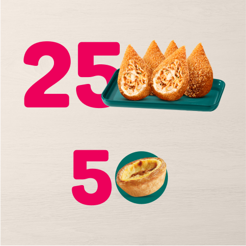 Combo incrível! 25 Minicoxinhas Clássicas + 5 Pastéis de Belém por um preço especial. Aproveite essa combinação deliciosa e compartilhe com quem você ama! Mega combo!