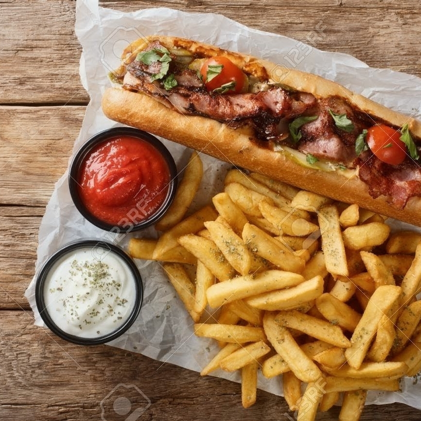 HOT DOG CON TOCINO Y PAPAS A LA FRANCESA