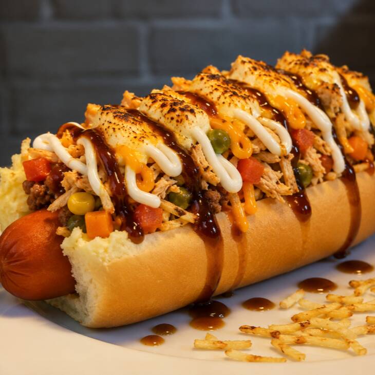 Pão, salsicha, carne moida, frango, cheddar,Catupiry, cebola, tomate, milho, cenoura, ervilha, batata palha, pure, queijo maçaricado, barbecue, maionese (caseira)