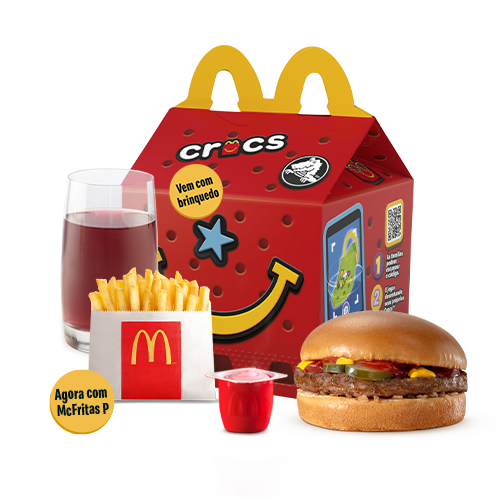 O McLanche Feliz acompanha sanduíche hambúrguer com tomatinho ou McFritas como acompanhamento, uma refrescante bebida e Petit Suisse do Méqui como sobremesa. Brinquedo sujeito a disponibilidade de estoque por restaurante. Confira informações nutricionais em: mcdonalds.com.br/cardapio/ mclanche-feliz. Imagem Meramente Ilustrativa.
